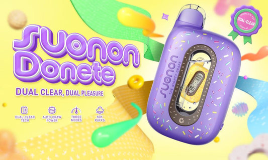 Colorful advertisement for a vape device. Features a purple pod with a sprinkle pattern and transparent window. Text highlights "Dual Clear, Dual Pleasure." Bright, playful design.