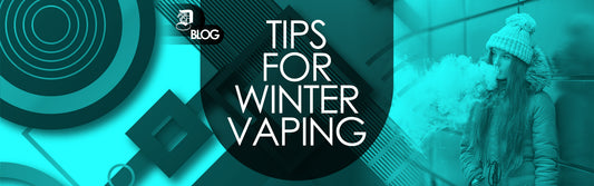 "tips for winter vaping" written on modern abstract background with a young woman wearing winter clothing while vaping outdoors