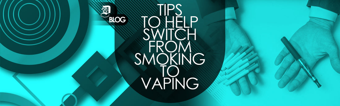 "tips to help switch from smoking to vaping" written on abstract background with a man in a suit holding cigarettes in one hand and a vaping device in the other hand