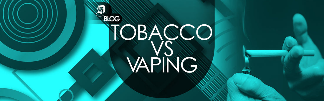 "tobaccco vs vaping" written turqoise abstract background with someone lighting a cigarette on the right