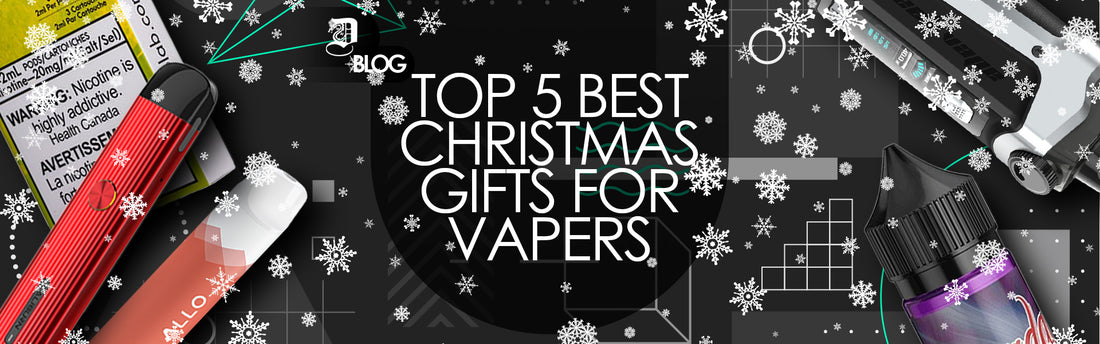 Snowflakes, vape juice bottle, vaping devices, disposable vape, and vape pods on dark abstract background