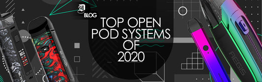 "top open pod systems of 2020" written on dark abstract background with vaping devices spread apart on it 