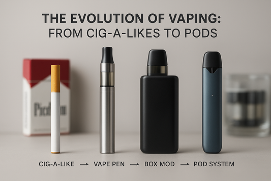 An image titled "The Evolution of Vaping: From Cig-a-likes to Pods" depicts four vaping devices: a cig-a-like, vape pen, box mod, and pod system. A cigarette pack is blurred in the background.