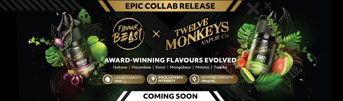 n epic collaboration between Flavour Beast and Twelve Monkeys Vapor Co., featuring vape bottles surrounded by vibrant green leaves and fruits. Labels highlight bold, layered intensity with 20mg/mL nicotine strength and 30mL capacity.