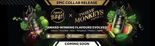 n epic collaboration between Flavour Beast and Twelve Monkeys Vapor Co., featuring vape bottles surrounded by vibrant green leaves and fruits. Labels highlight bold, layered intensity with 20mg/mL nicotine strength and 30mL capacity.