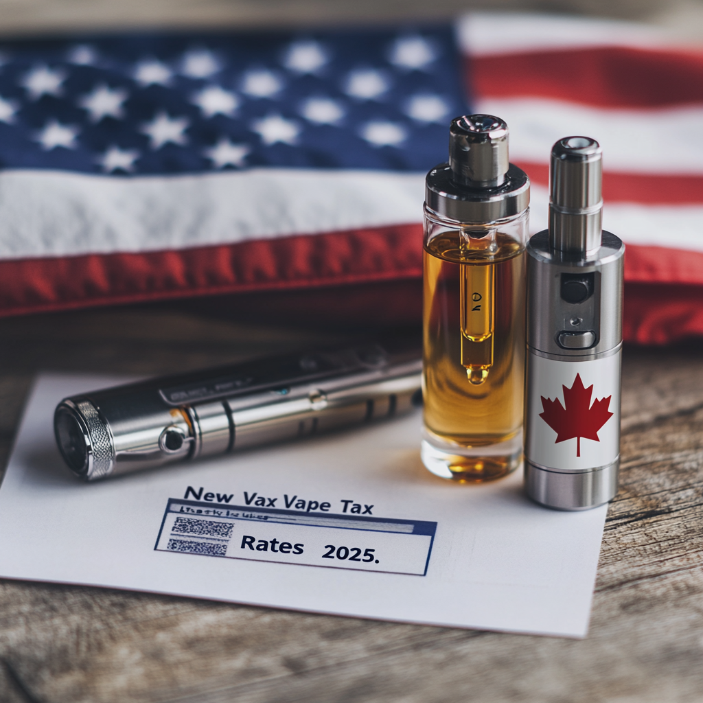 Three vapes, one with a Canadian flag, and a paper labeled "New Vax Vape Tax Rates 2025" rest on a wooden table. An American flag is in the background.