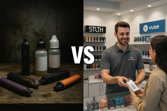 A split image shows old, grimy vape bottles on the left, possibly abandoned, and a well-lit vape shop on the right, with a smiling employee helping a customer.