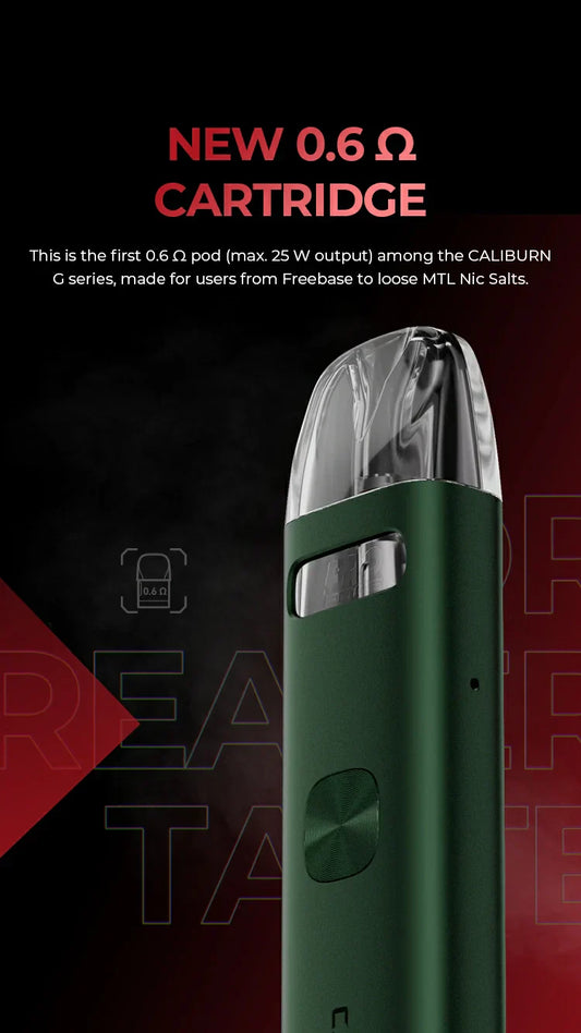 A sleek green vape pen with a transparent pod, featuring bold text announcing "New 0.6 Ω Cartridge." Modern, innovative tone with a dark, stylish background.