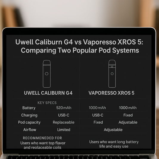 Laptop screen displaying a comparison between Uwell Caliburn G4 and Vaporesso XROS 5 pod systems. Key specs and recommendations are listed side by side.