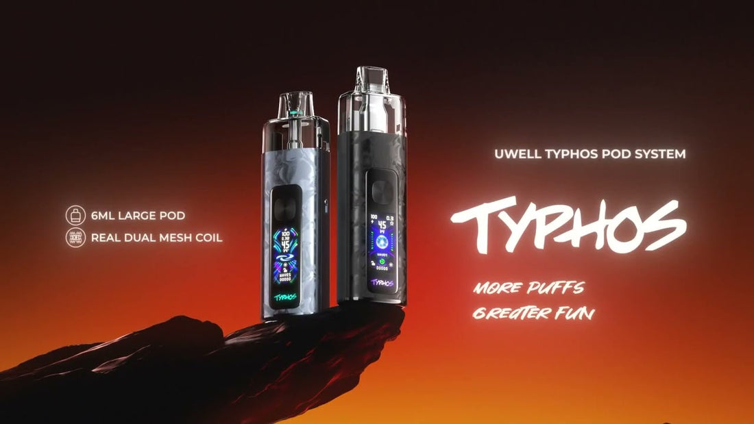 Uwell Typhos Pod System devices displayed on a rock with sunset background, showcasing sleek design, 6ml large pod capacity, and dual mesh coil compatibility.