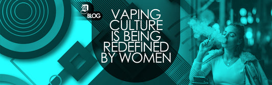 "vaping culture is being redefined by women" written on abstract background with young woman vaping outdoors