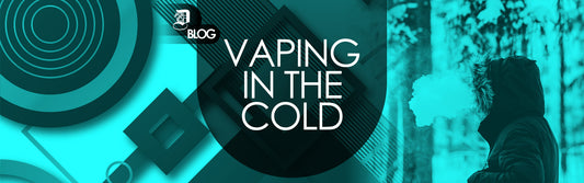 "Vaping in the cold" written on abstract background with person vaping during winter
