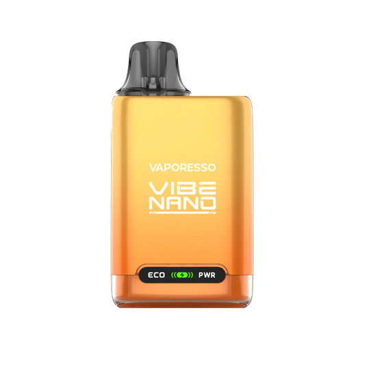 Orange and black Vaporesso Vibe Nano vape device with a compact design. Features power and eco mode indicators, conveying a modern, tech-savvy feel.