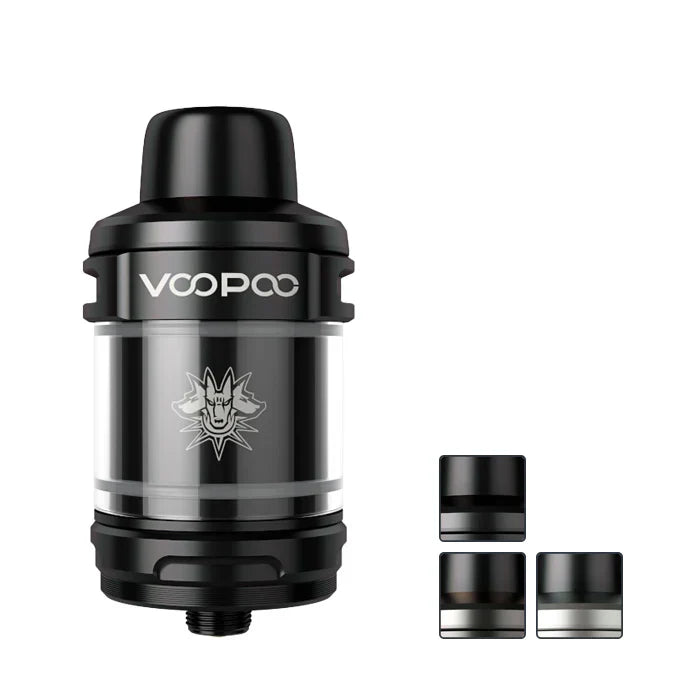 Black Voopoo Uforce-X vape tank with a transparent glass section and a tribal design. It features two additional color variants on the side.