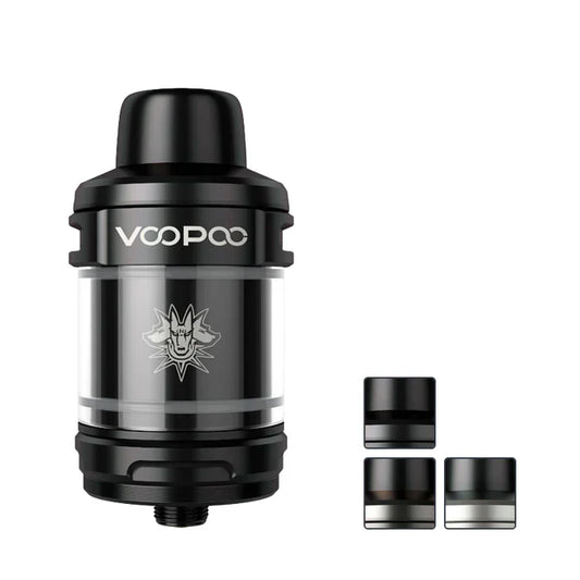 Black Voopoo Uforce-X vape tank with a transparent glass section and a tribal design. It features two additional color variants on the side.