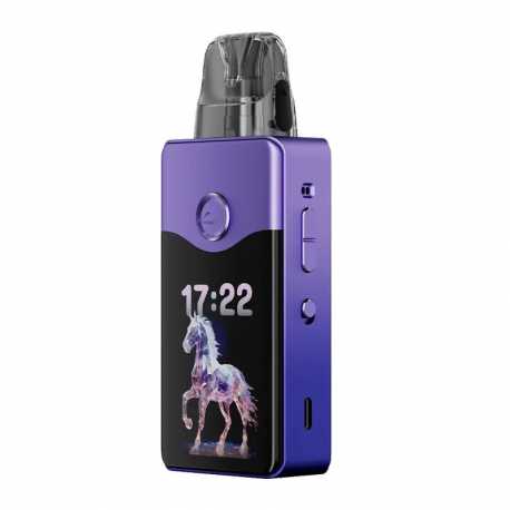 A sleek purple vape device with a digital display showcasing a luminous horse and the time 17:22. Buttons and vents are visible on the side.