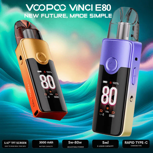 Two Voopoo Vinci E80 vaping devices in orange and purple against a vibrant swirl background. Text highlights key features like 80W power and 3000mAh battery.