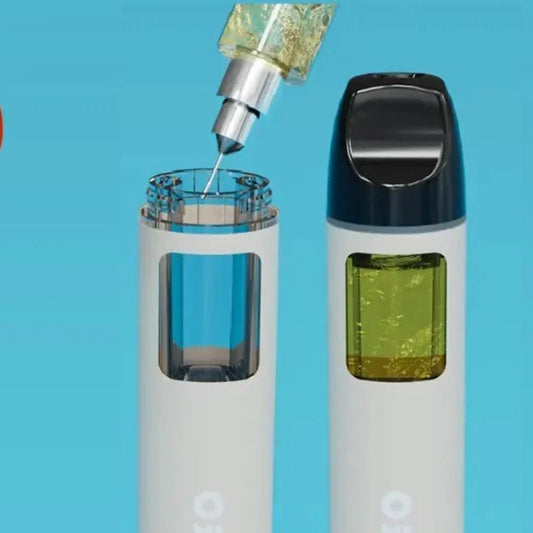 Two white vapes against a blue background. One has a yellow liquid, the other has yellow liquid with a black cap. Liquid is being poured into the first bottle from a dispenser its about "Why Disposable Vapes Can’t Be Refilled"