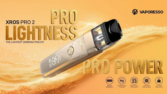 A sleek gold vape pod kit titled "XROS Pro 2" on a golden background. Bold text reads "Pro Lightness" and "Pro Power." Icons highlight features like "2000mAh," "Ultra Light," and "3.0 Flavor.