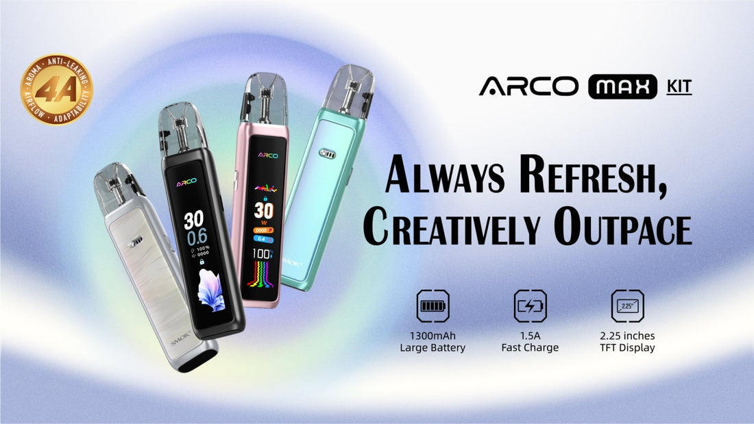 Four sleek electronic vape devices in pastel colors with screens are angled together. Text reads: "Always Refresh, Creatively Outpace." Features include a 1300mAh battery, fast charge, and 2.25-inch display on a blue gradient background.