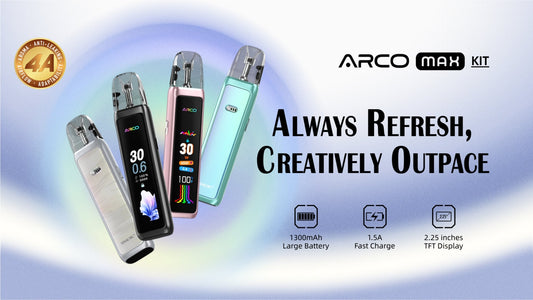 Four sleek electronic vape devices in pastel colors with screens are angled together. Text reads: "Always Refresh, Creatively Outpace." Features include a 1300mAh battery, fast charge, and 2.25-inch display on a blue gradient background.