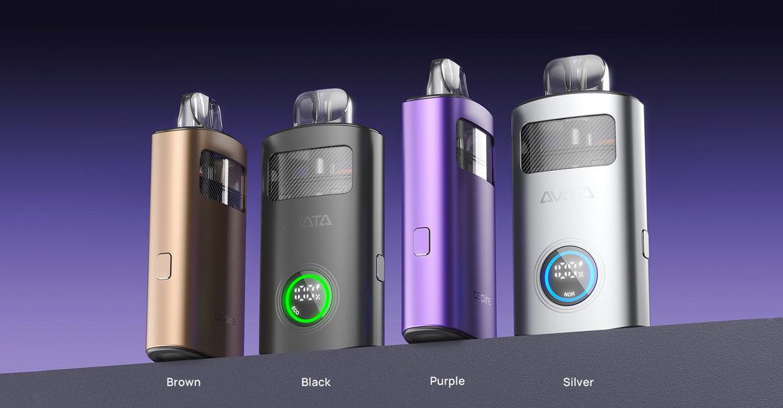 Four sleek vape devices are displayed on a surface, each in different metallic colors: brown, black, purple, and silver, set against a gradient purple background.