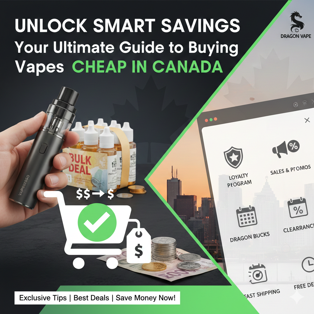 Image promotes affordable vaping in Canada. A hand holds a vape pen near e-liquid bottles labeled 'bulk deal.' Shopping cart icon with a checkmark signifies savings. City skyline and currency notes suggest economic benefits. 