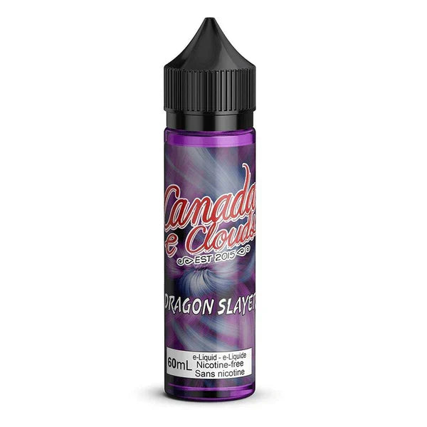 A 60mL bottle of Canada E-Clouds "Dragon Slayer" e-liquid with a purple swirl design and black cap. Text reads "nicotine-free" and "established 2015.