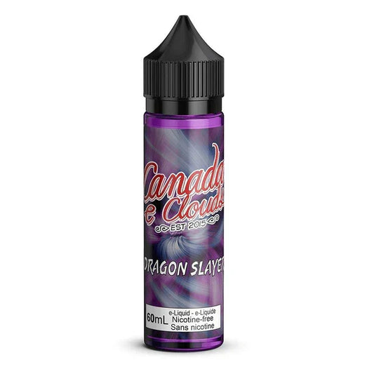 A 60mL bottle of Canada E-Clouds "Dragon Slayer" e-liquid with a purple swirl design and black cap. Text reads "nicotine-free" and "established 2015.