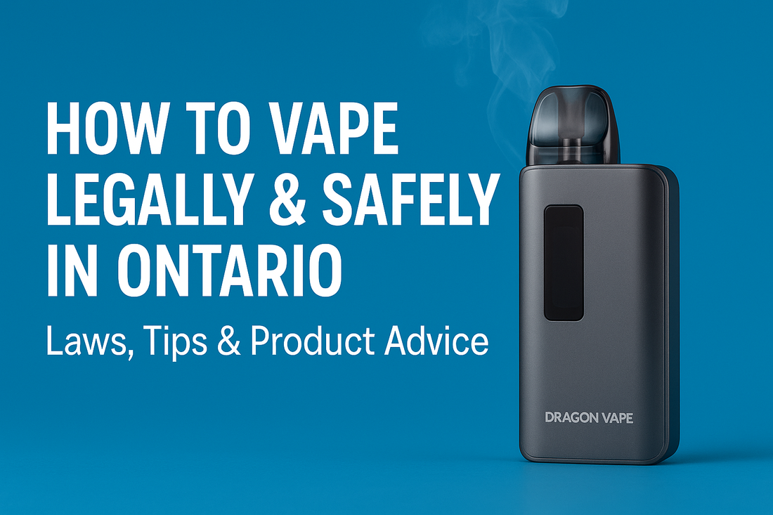 Text on a blue background reads, "How to vape legally & safely in Ontario. Laws, tips & product advice." A sleek, black vaping device is depicted beside the text.