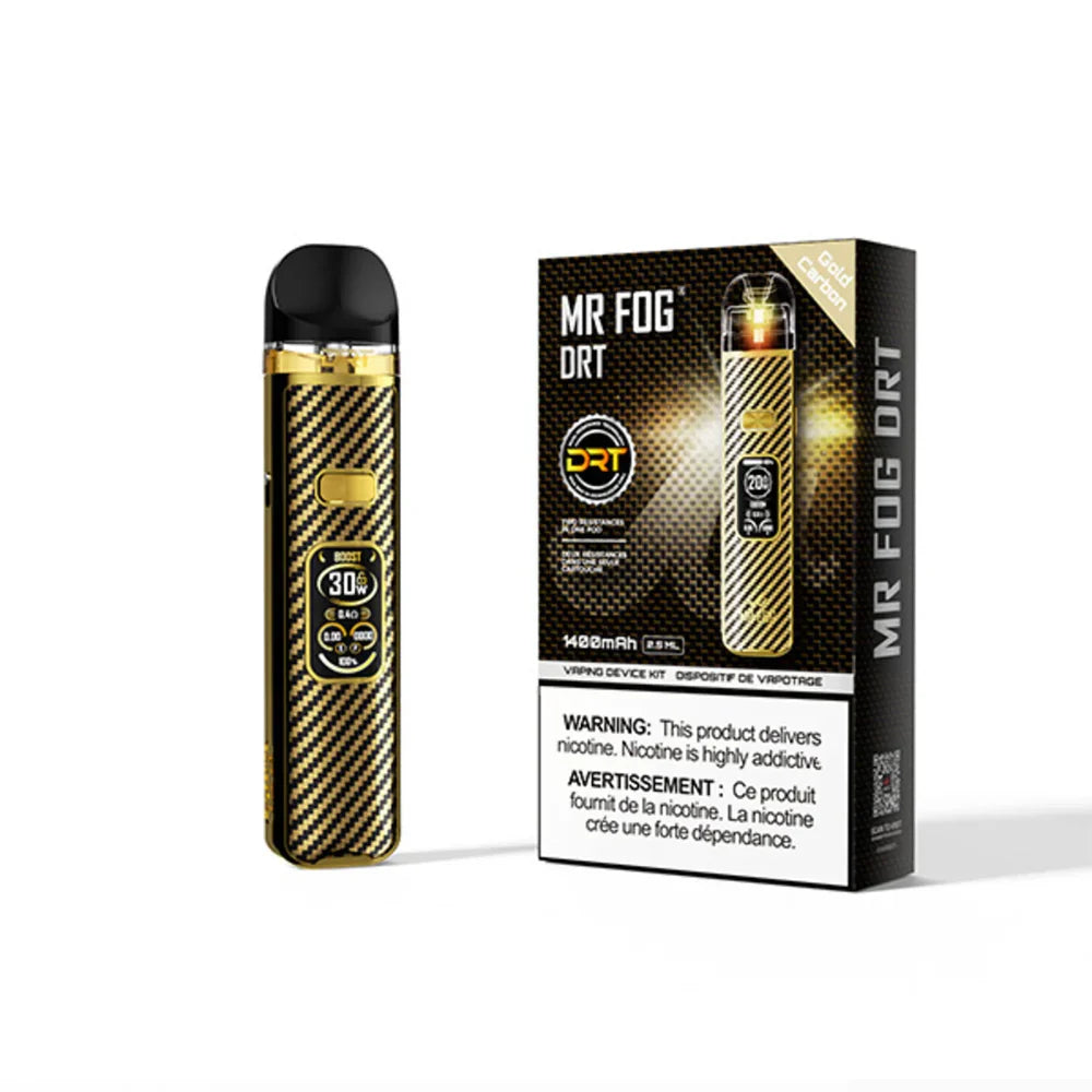 Gold and black box of the MR FOG DRT Open Pod System placed next to its packaging box.