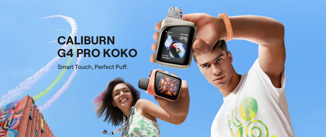 Two people holding Caliburn G4 Pro Koko devices against a blue sky. The text reads "Smart Touch, Perfect Puff." They appear joyful and energetic.