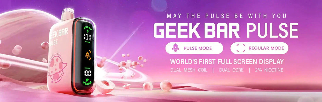 Geek Bar Pulse featuring a vaping device with a full screen display. The background is a futuristic, pink-hued space scene with planets and text stating, “May the Pulse Be With You.” Options for "Pulse Mode" and "Regular Mode"