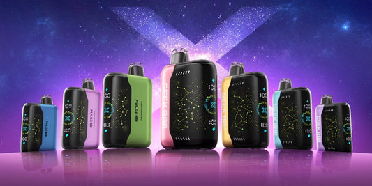 A lineup of colorful, sleek vape devices displayed on a reflective surface. The backdrop features a starry sky with a large, glowing "geek bar X," conveying a futuristic tone