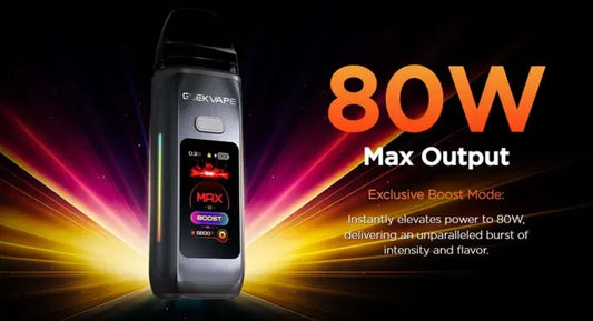 A sleek vape device emits radiant light beams. Bold text on the right says "80W Max Output," indicating powerful performance and enhanced vaping experience.