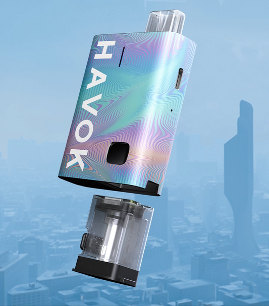 Uwell Havok R pod system in vibrant colors, featuring sleek modern design and bold "Havok" branding, set against a hazy urban background—highlighting its compact, futuristic appeal for MTL vaping