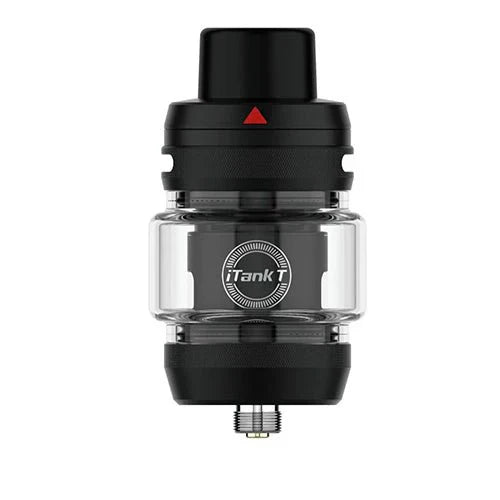 Black vape vaporesso tank with a transparent glass chamber and 'iTank by vaporesso' logo. Features a top cap, airflow control, and a metallic connector base.