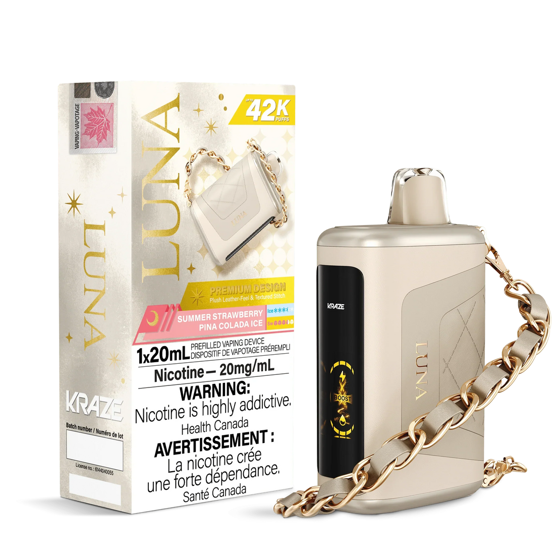 Box and vape device in cream with a chain, labeled "Luna." Text highlights flavors "Summer Strawberry, Pina Colada Ice." Nicotine warning in English and French.