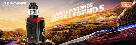 Geekvape Aegis Legend 5 Mod in black and red, showcased against a racetrack and autumn landscape—symbolizing speed, power, and durability. with the phrase “Legend Never Ends” reinforcing the device’s rugge.