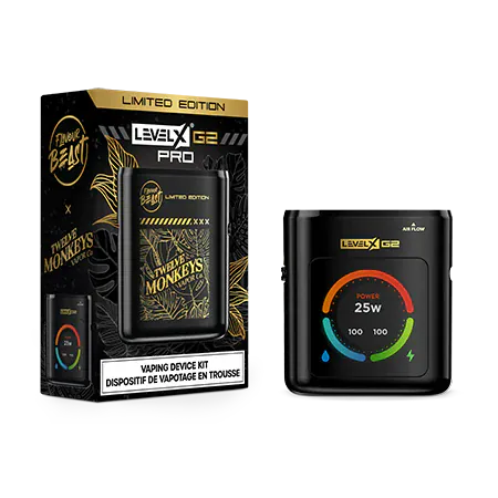 Limited edition vaping device kit, Twelve Monkeys branded packaging. Sleek, black device shows a colorful power display set at 25W.