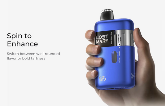 Hand holds a blue vape device labeled “Lost Mary.” Text reads “Spin to Enhance,” suggesting flavor options. Modern, sleek, and innovative tone.