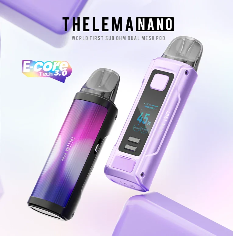 Two sleek vape devices are shown. One has a gradient purple-pink body, the other is lavender with a digital display showing "45W." Text reads "THELEMA NANO E-core Tech 3.0.