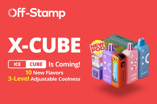Off-Stamp X-Cube vape devices in multiple colors, highlighting new flavors, a new pod, and 3-level adjustable coolness on a red background