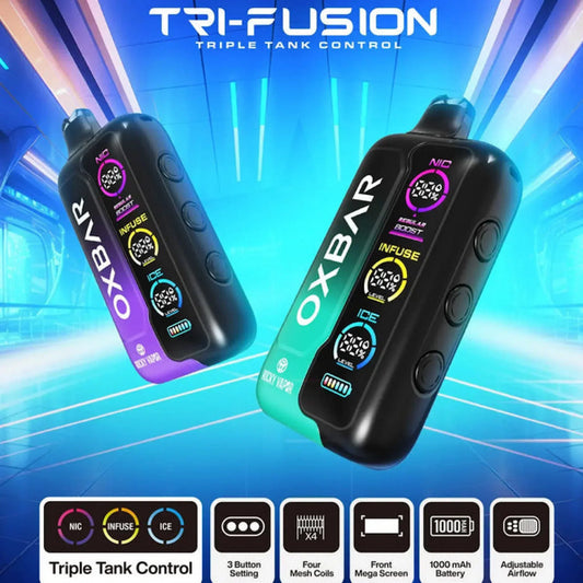 Futuristic vape device ad with "OXBAR" branding, featuring two vapes with three control buttons. Blue neon background with text "Tri-Fusion, Triple Tank Control.