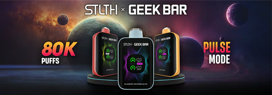A promotional image for STLTH x Geek Bar featuring vape devices against a cosmic background with planets. Text reads '80K Puffs' and 'Pulse Mode.