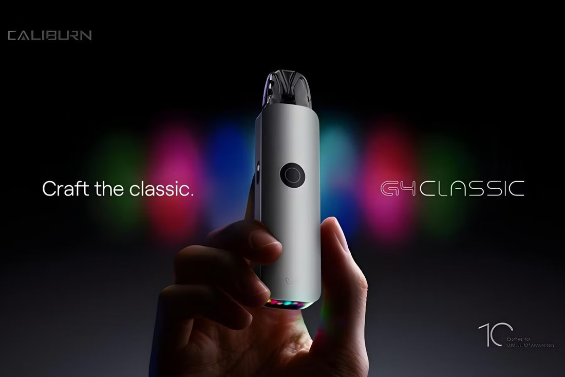 A hand holds a sleek vape device with a glowing base against a dark background. Text reads "Craft the classic" and "G4 Classic" with colorful light accents.