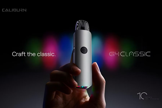 A hand holds a sleek vape device with a glowing base against a dark background. Text reads "Craft the classic" and "G4 Classic" with colorful light accents.