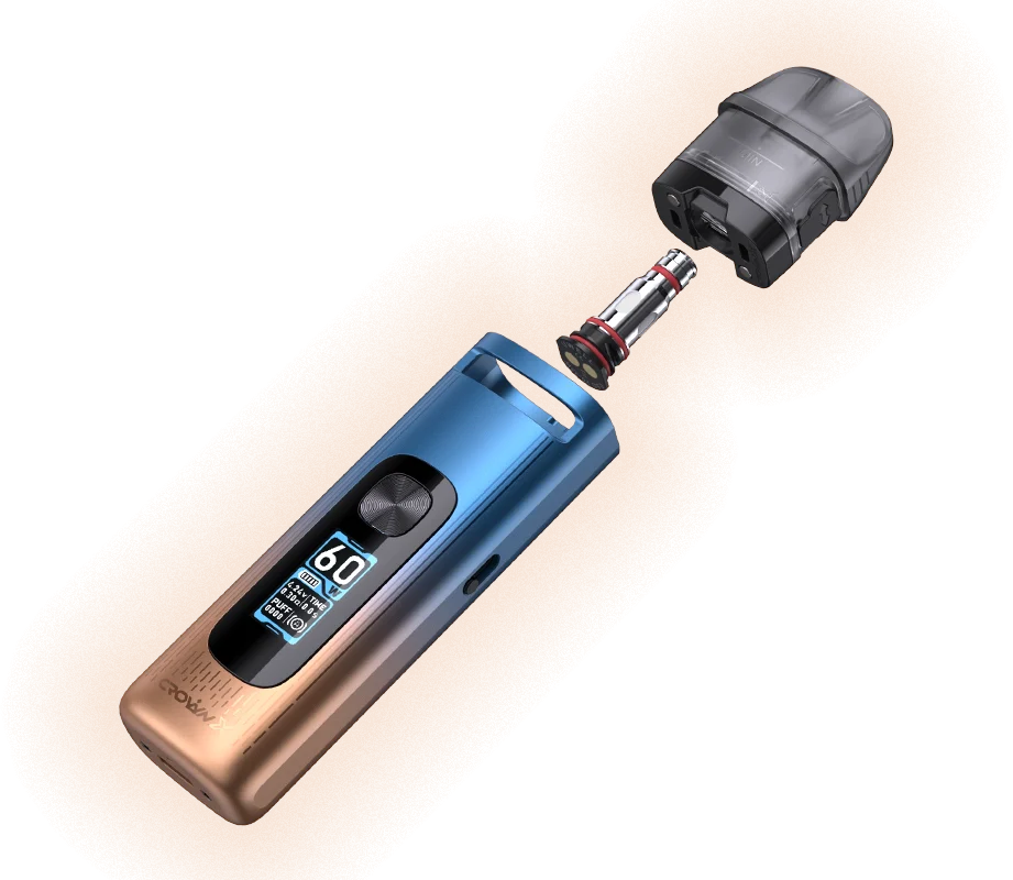 UWELL CROWN X Pod Kit in blue and bronze gradient, disassembled to show pod and coil components