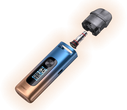 UWELL CROWN X Pod Kit in blue and bronze gradient, disassembled to show pod and coil components