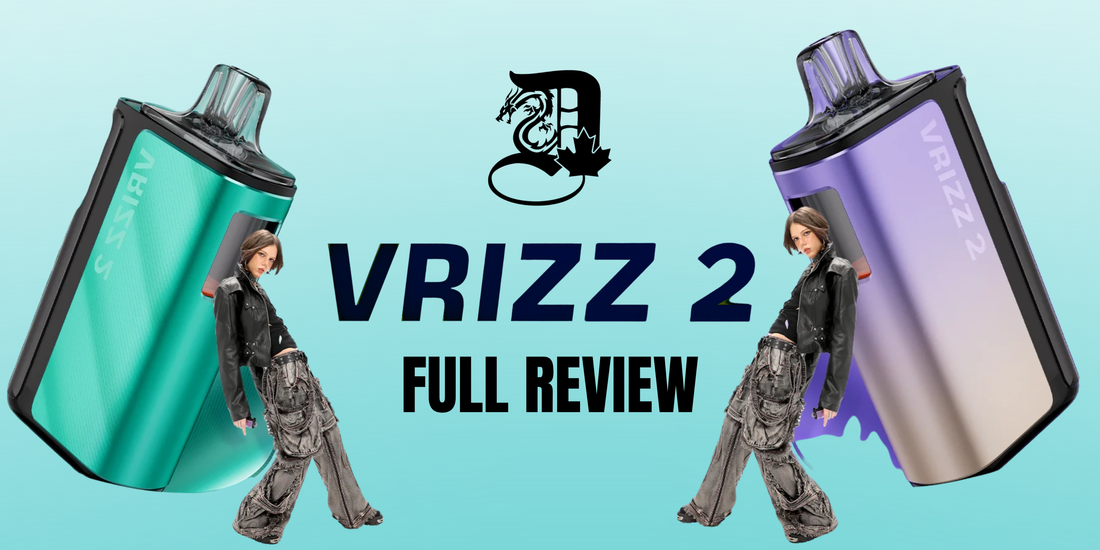 Vape devices in teal and purple flank a central VRIZZ 2 Full Review text on a light blue background. Stylized dragon insignia above, with two models in casual attire.